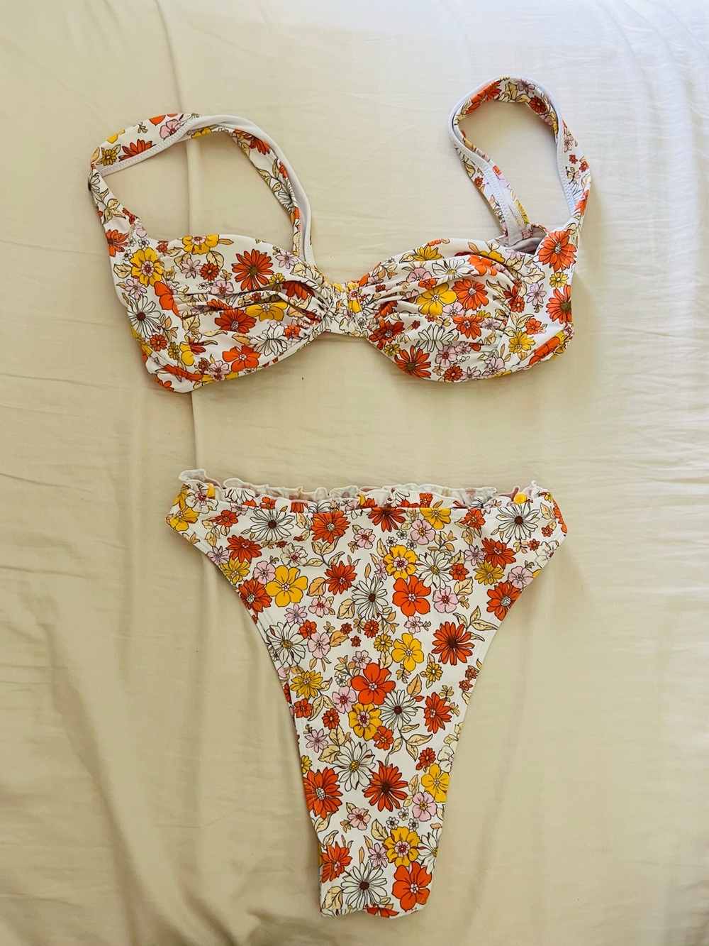 Cute Floral Two-Piece Bikini Set in Orange & Yellow (Fits medium or small)
